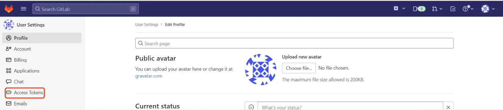 gitlab - user settings - access tokens