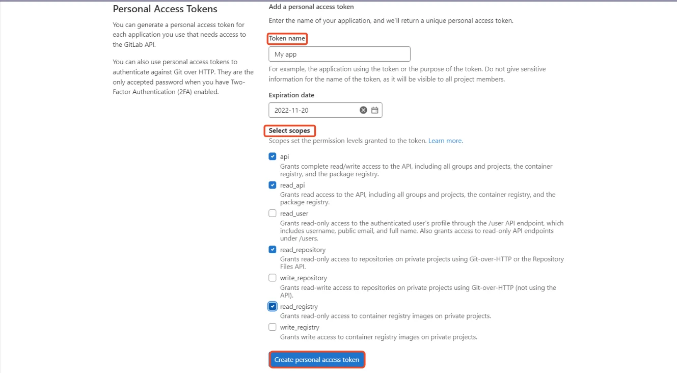 personal access tokens - settings of token name and scopes
