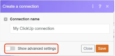 create a connection - show advanced settings button