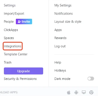 clickup - settings window - integrations