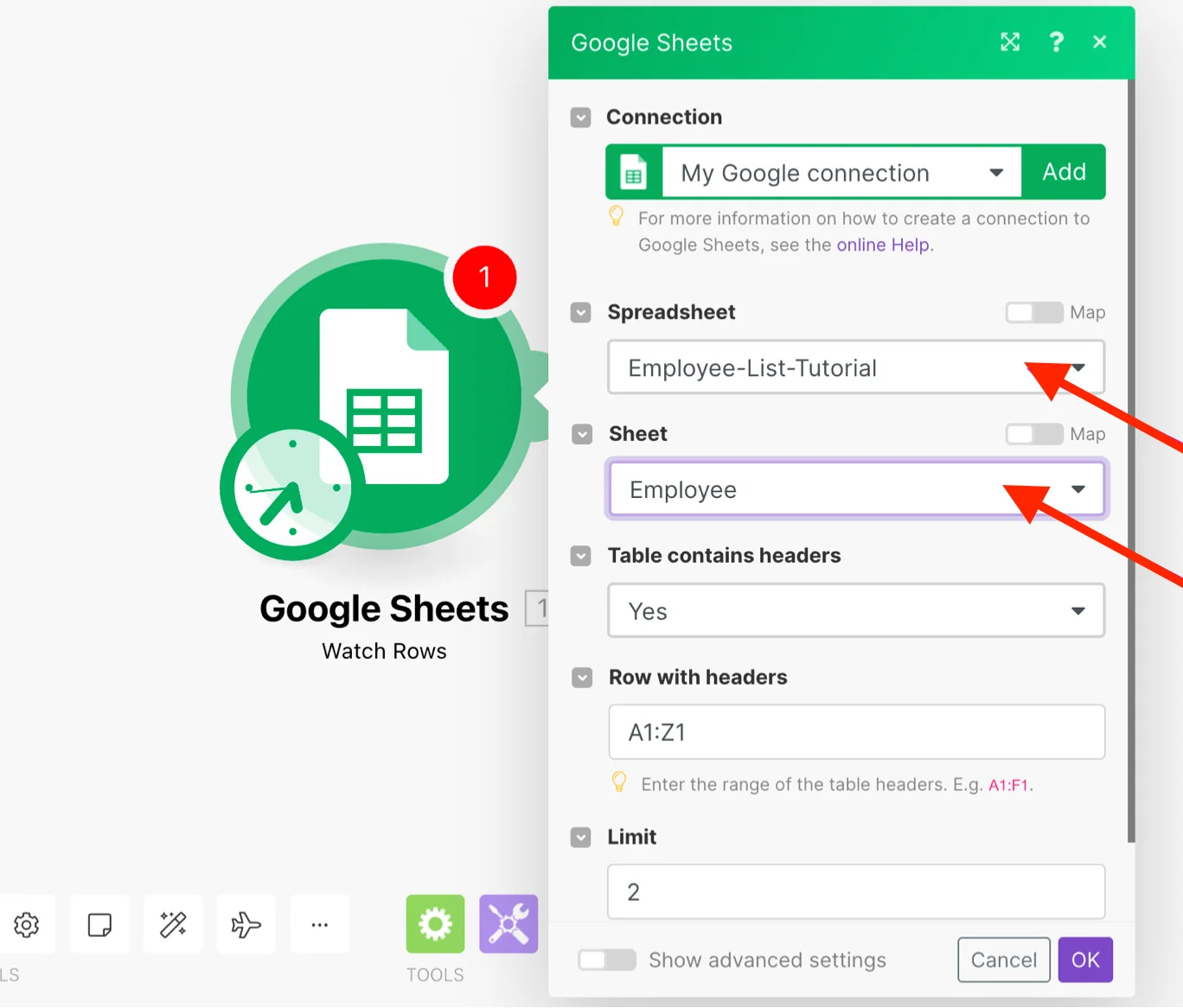 Google Sheets module config.png