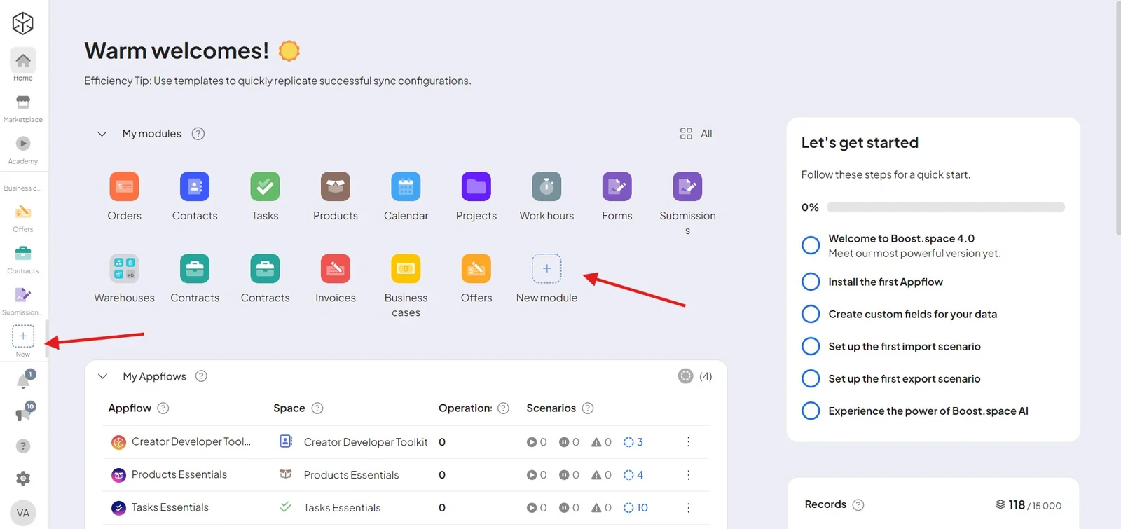 Add-ons in the New module menu