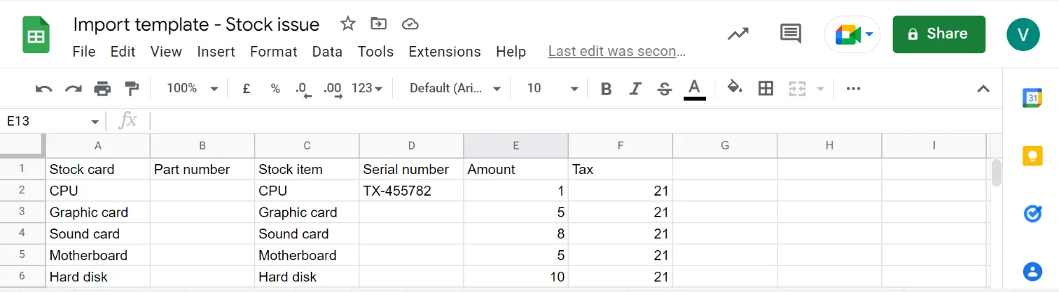 Google Sheets - Template - stock card, part number, stock item, serial number, amount, tax