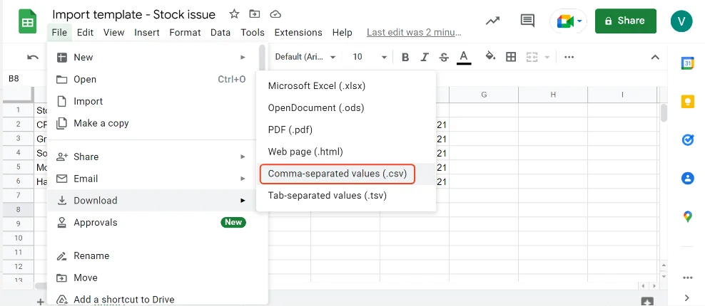 Google Sheets - download the template in csv