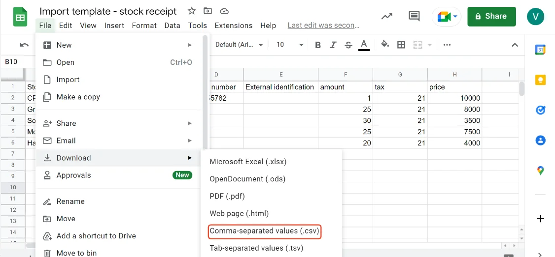 Download the template in csv format